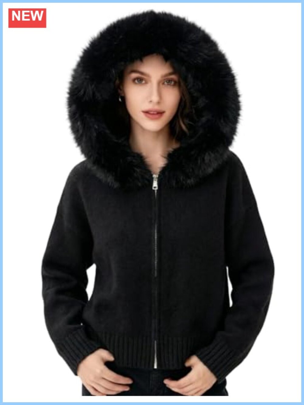 Faux Fur Hooded Zip Cardigan Chunky Knit Sweater